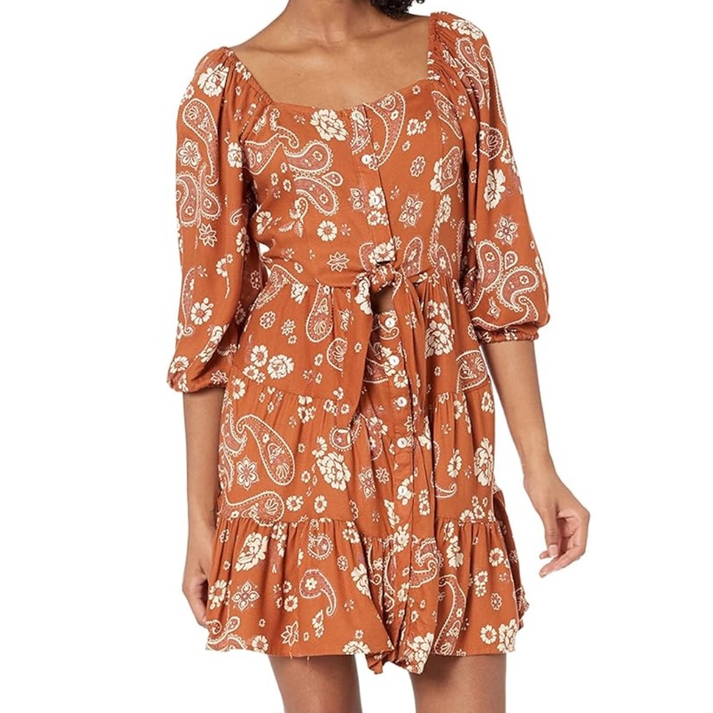 Angie Women's Long Sleeve Button Front Tie Peekaboo Dress, Brown